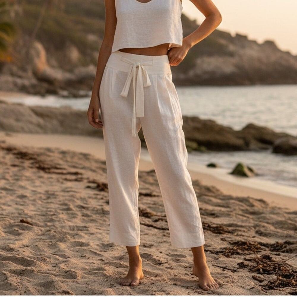 Cult Gaia Linen Blend tie front Pants ivory beige size Small